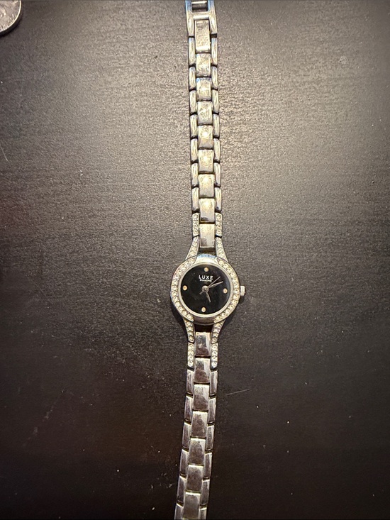 Luxe Accessories - Luxe Silver Bracelet Watch with Black Dial and Crystal Accents